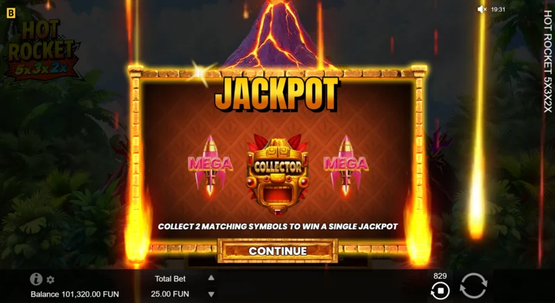 Hot Rocket 5x 3x 2x - Inicio de Jackpot Spins con un colector de cohetes en el centro